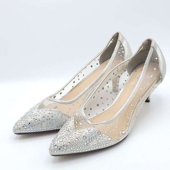 Lady Couture Silk Silver Embellished Kitten Heels women's size 10 - Picture 1 of 8